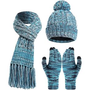 Women Beanie Hat Scarf Gloves Set, Women Winter Knitted Beanie Hat with Pom Pom Long Scarf Warmer Gloves with Touchscreen Set for Cold Weather, Warmer Christmas Gifts for Girls Women (Apricot)
