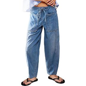 Barrel Jeans for Women Stretch Elastic Waist Pull-on Wide Leg Baggy Pants Lightweight Casual Crop Denim with Drawstring