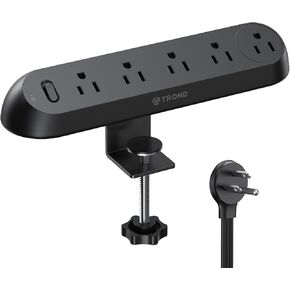 TROND Desk Clamp Power Strip - Surge Protector Power Strip with 5 AC Outlets, Flat Plug 6ft Extension Cord, 1700J, ETL Listed, Fits 1.97 inch Tabletop Edge, for Home Office Desk Accessories, Black