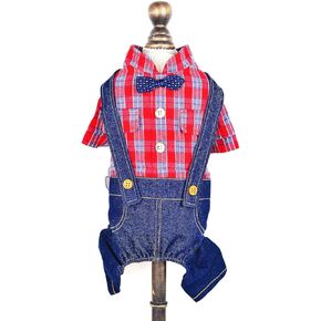 SMALLLEE_LUCKY_STORE Pet Clothes Costume Puppy Denim Overalls for Small Medium Dogs Cats Boys Bowtie Plaid Shirt Jeans Pants Outfits Chihuahua One Piece Jumpsuit,Yellow XL