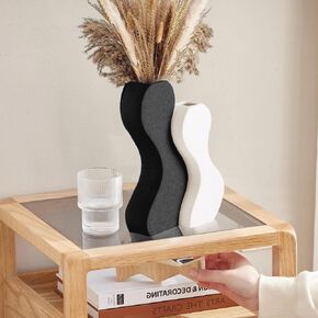Modern White Ceramic Vases Set of 2,Twisted Shape Pampas Flower Vase Curved Splicable Design Decorative Vase for Flower Living Room, Bedroom, Bookshelf, Fireplace, Coffee Table, Office (White)