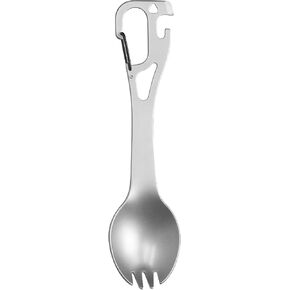 Utility Spork Spoon-Fork Bottle Opener Utensil, Stainless Steel Titanium Portabale Flatware for Outdoor Camping Backpacking Hiking Travel Picnic Tableware with Bag, Silver Grey 4 in 1