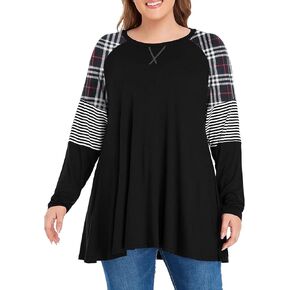 MONNURO Womens Plus Size Long Sleeve Shirts Color Block Stripe Loose Swing Tunic Tops for Leggings(Black Plaid,1X)