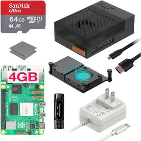 Argon Poly+5 Raspberry Pi 5 Starter Kit | Raspberry Pi 5 Kit/Pi 5 Board/Raspberry Pi 5 Case / 27W Raspberry Pi 5 Power Supply/Pi 5 Active Cooler / 64GB SD Card / 2 Micro HDMI Cable (Black, 8GB)