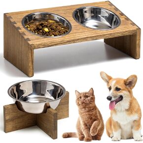 KIRIGEN Wood Elevated Cat Bowls Raised Pet Dog Bowl Stand Feeder with 3 Stainless Steel Bowls for Food and Water for Cats and Small Pets MWJ-DBR