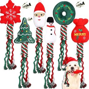 Poen 6 Pcs 12 Inch Christmas Dog Squeaky Toy Puppy Chew Plush Santa Claus Snowman Pet Rope Toy Gift Medium Cute Interactive Cotton Dog Training Gift
