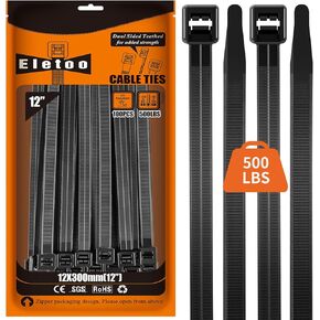 12 inch Black Large Zip Ties Heavy Duty (100 Pack), 2024 New Patented Design, 500LBS Ultra Strong Tensile Strength, Self-Locking Nylon PA66 UV Resistant Cable Ties for Indoor and Outdoor Use