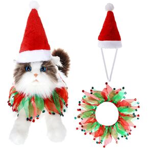 Christmas Cat Costume Small Santa Hat and Collar for Small Dogs & Cats Fancy Holiday Pet Costume Accessories for Christmas Party