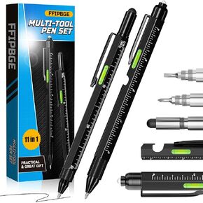2 Pack Multi-Tool Pen Set, 11 in 1 Multitool Pen with LED Light, Ruler, Level, Screwdriver, Stylus, Flathead, Christmas Stocking Stuffers for Men, Dad, Husband, Gadget Gift for Him, Orange