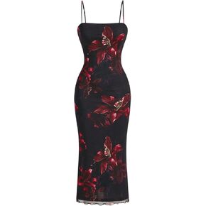 SweatyRocks Women's Allover Print Spaghetti Strap Bodycon Dress Elegant Sleeveless Lettuce Trim Midi Dresses
