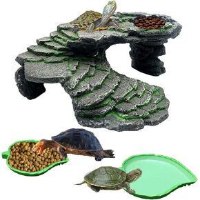3PCS Turtle Basking Platform Tortoise Resin Dock Tortoise Climbing Ramp Shale with Leaf Tortoise Food Dish Reptile Food Water Bowls Great for Reptiles,Amphibians and Fish