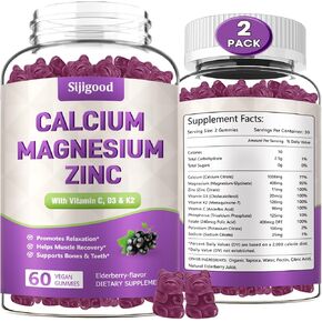 2 Pack Calcium Magnesium Zinc Gummies with High Absorption Magnesium Glycinate 400mg, Calcium Magnesium Zinc Supplement with D3 & K2 for Bone, Muscles & Sleep Support - 120 Raspberry Flavored Gummies