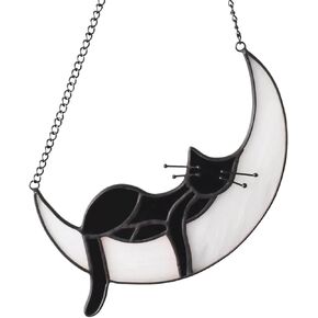 Cat on Moon Memorial Gifts - Handcrafted Sleeping Cat Stained Glass Window Hanging, Black Cat Suncatcher Ornament for Cat Lovers, Loss of Cat Sympathy Remembrance Gift for Women (Cat A)