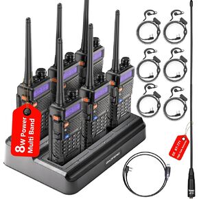 6Pack Baofeng UV-5R Pro 8W Dual Band 2 Way Radio with 3800mAh Battery 100 Mile Long Range Rechargeable Handheld Ham with 6 Way Charger and Programming Cable VHF,Walkie Talkies for Adults