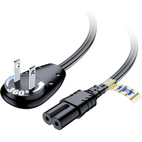 Maximm 2 Prong TV Power Cord 1 ft, 360° Rotating Flat Plug 16 AWG, Non-Polarized (NEMA 1-15P to IEC C7) - Black