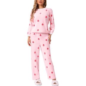 cheibear Womens Flannel Fleece Valentine's Day Pajamas Heart Tops with Pants Soft Sleepwear Lounge Sets