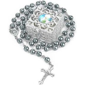 8mm Rosary Beads, Rosary Beads Catholic for Men and Women Pack in Holy Cup Metal Gift Box, First Communion Rosary, Rosary Necklace as Gifts(Silver)