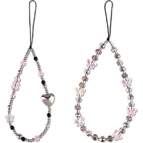 2pcs Phone Charms Strap, Cute Bear Butterfly Beaded Phone Chain Phone Beaded Wrist Strap Anti-Lost Phone Keychain Charm Cell Phone Charm for Women Phone Decoration
