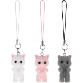 3Colors Cat Phone Charm Kit, Cute Cell Phone Strap Charms Plush Cat Pendant Keychain, Kawaii Lanyard Accessories Stuffed Animal Keychains for Women Bag Backpack Camera Mobile Phone Decor