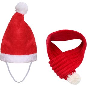 2Pcs Dog Santa Hat and Scarf Dog Christmas Outfit Adjustable Santa Hat Knit Red Scarf with White Pompom Ball Set Pet Christmas Costumes Accessories for Dogs and Cats