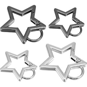 Mabor 4Pcs Star Carabiner Zinc Alloy Heavy Duty Star Keychain Clip Silver Black Star Shaped Carabiner Cool Star Carabiner Clip Key Ring for Camping Hiking Fishing 2 Sizes