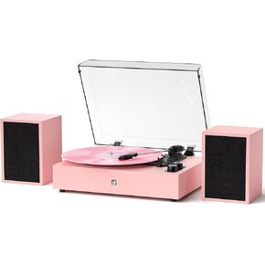 Vinyl Record Player with Two External Speakers, Wireless Bluetooth Playback Vintage Record Player and Speakers Retro 3 Speed Turntable, RCA-Out and AUX-in, Pink