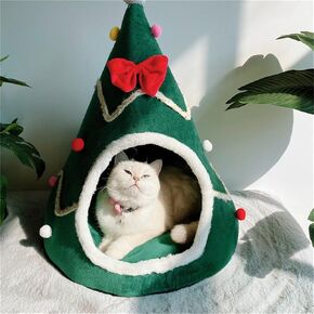 Christmas Tree Cat Bed for Indoor Cats House Tent with Detachable Pillow Xmas Cave Beds for Pets Cats and Dogs (15.7 X 15 Inch, Green Xmas Tree)