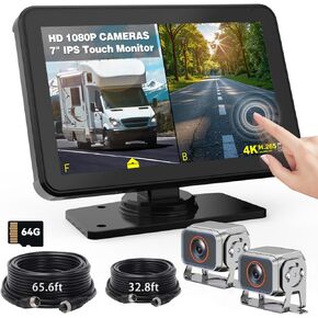 Dual RV Backup Camera with 7" Touch Screen Monitor: No Lag Easy Installation Plug and Play HD 1080P Rear View Camera Wired Kit with a 64G TF Card, Great for RV Truck Trailer Camper Tractor