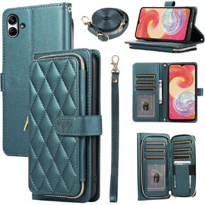 Argyle Wallet Case for Samsung Galaxy A04e with Wrist Strap Shoulder Strap, 9+ Card Slots Zipper Purse Luxury PU Leather Stand Checkered Cell Phone Cover for AO4e A 04e Women Girls Deep Purple