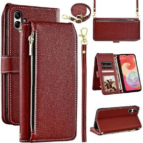 Luxury Wallet Case for Samsung Galaxy A04 with Wrist Strap Shoulder Strap Slim Flip Zipper Purse, 9+ Card Slots PU Leather Card Holder Stand Cell Phone Cover for Ao4 A 04 4G Women Men White