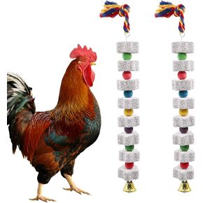 2 Pack Mineral Block Chew Toys for Chicken, Chicken Toys with Colorful Beads and a Bell, Chicken Coop Accessories, Beak Grinding Stone for Chicken, Hens, Geese, Ducks, Turkeys, Poultry
