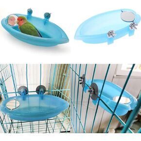 Bird Bath with Mirror Toy for Pet Small Medium Parrot Budgie Parakeet Cockatiel Conure Lovebird Finch Canary African Grey Cockatoo Amazon Cage Healthy Shower Bathing Tub Food Feeder Bowl