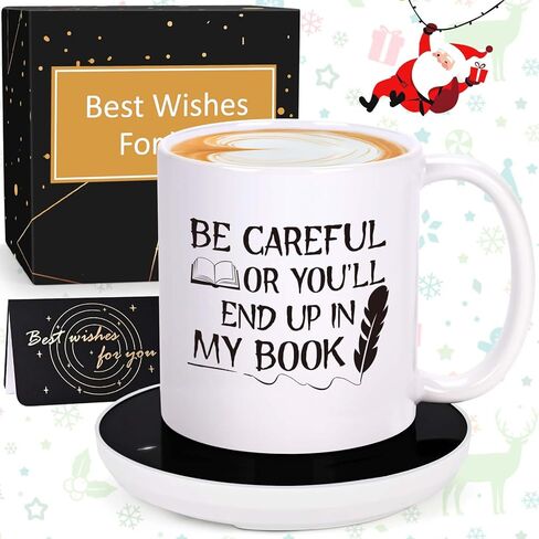 LiqCool Gifts for Writers, Be Careful You Will Coffee Mug with Smart Warmer Coaster Set, for Authors, Novelty Christmas Birthday Gifts for Novelist Poet Journalist(11 Oz White) in Saudi Arabia