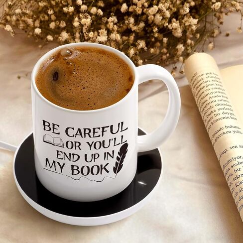 LiqCool Gifts for Writers, Be Careful You Will Coffee Mug with Smart Warmer Coaster Set, for Authors, Novelty Christmas Birthday Gifts for Novelist Poet Journalist(11 Oz White) in Saudi Arabia