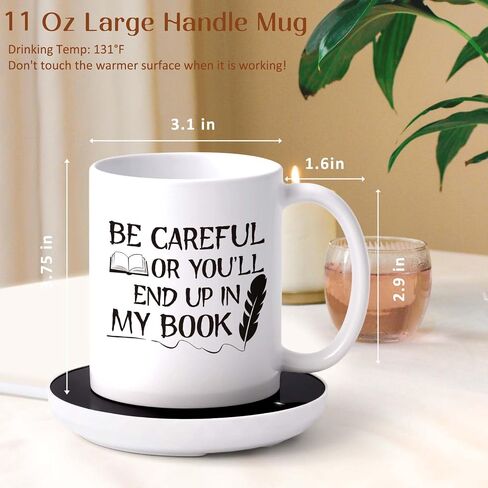 LiqCool Gifts for Writers, Be Careful You Will Coffee Mug with Smart Warmer Coaster Set, for Authors, Novelty Christmas Birthday Gifts for Novelist Poet Journalist(11 Oz White) in Saudi Arabia