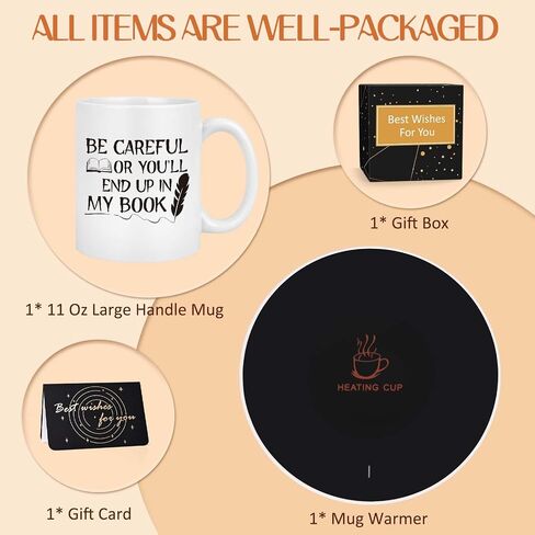 LiqCool Gifts for Writers, Be Careful You Will Coffee Mug with Smart Warmer Coaster Set, for Authors, Novelty Christmas Birthday Gifts for Novelist Poet Journalist(11 Oz White) in Saudi Arabia