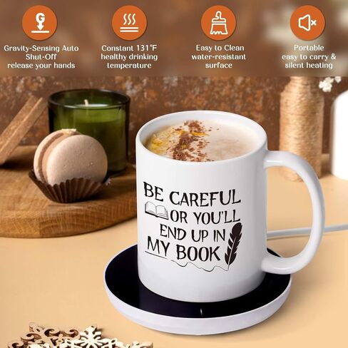 LiqCool Gifts for Writers, Be Careful You Will Coffee Mug with Smart Warmer Coaster Set, for Authors, Novelty Christmas Birthday Gifts for Novelist Poet Journalist(11 Oz White) in Saudi Arabia