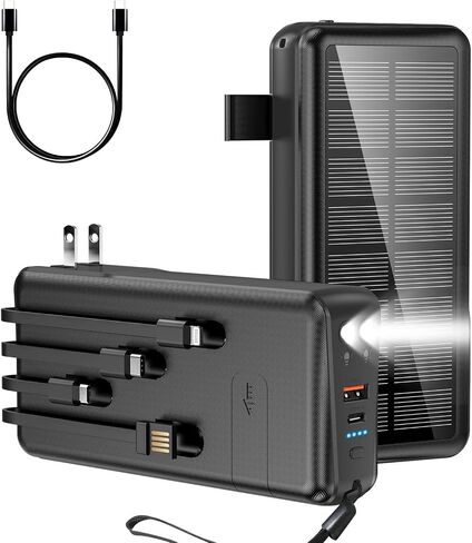 Portable Charger with Built in Cable and Wall Plug 50000mAh PD30W Fast Charging Solar Power Bank with 5 Output & 2 Input Dual LED Flashlights Phone Holder External Battery Pack (Black) in Saudi Arabia