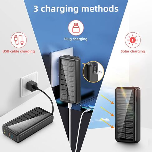 Portable Charger with Built in Cable and Wall Plug 50000mAh PD30W Fast Charging Solar Power Bank with 5 Output & 2 Input Dual LED Flashlights Phone Holder External Battery Pack (Black) in Saudi Arabia