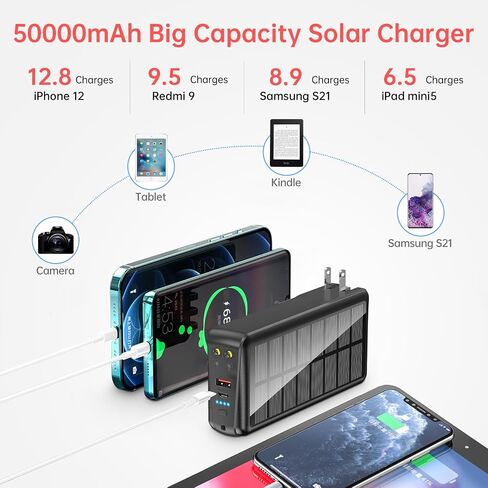 Portable Charger with Built in Cable and Wall Plug 50000mAh PD30W Fast Charging Solar Power Bank with 5 Output & 2 Input Dual LED Flashlights Phone Holder External Battery Pack (Black) in Saudi Arabia