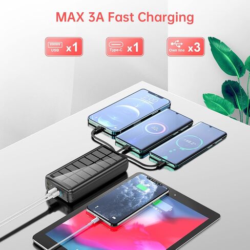 Portable Charger with Built in Cable and Wall Plug 50000mAh PD30W Fast Charging Solar Power Bank with 5 Output & 2 Input Dual LED Flashlights Phone Holder External Battery Pack (Black) in Saudi Arabia
