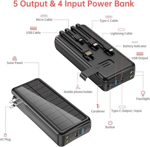 Portable Charger with Built in Cable and Wall Plug 50000mAh PD30W Fast Charging Solar Power Bank with 5 Output & 2 Input Dual LED Flashlights Phone Holder External Battery Pack (Black) in Saudi Arabia