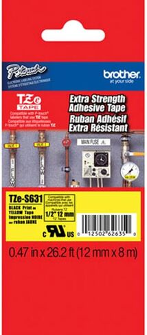 Brother Genuine P-touch TZE-S631 Tape, 1/2" (0.47") Wide Extra-Strength Adhesive Laminated Tape, Black on Yellow, Laminated for Indoor or Outdoor Use, Water-Resistant,0.47" x 26.2' (12mm x 8M),TZES631 in Saudi Arabia