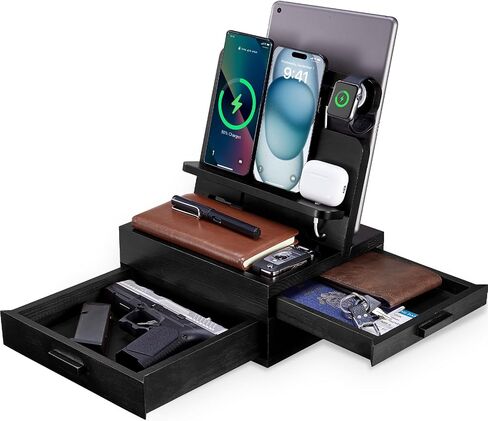 Nightstand Organizer for Men, Wood Phone Docking Station with Drawer, Bedside Organizer Wallet Watch Stand (Charger Not Included) for Dad Husband Him in Saudi Arabia