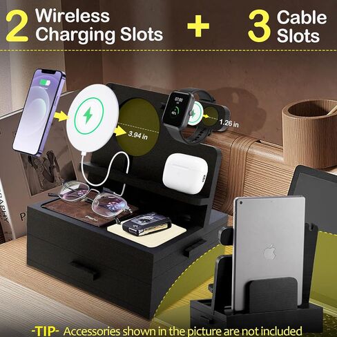 Nightstand Organizer for Men, Wood Phone Docking Station with Drawer, Bedside Organizer Wallet Watch Stand (Charger Not Included) for Dad Husband Him in Saudi Arabia