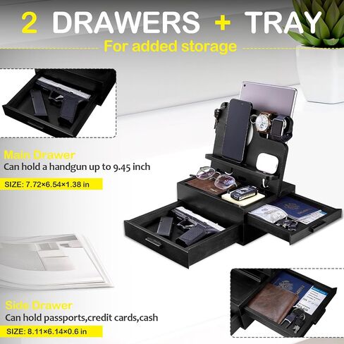 Nightstand Organizer for Men, Wood Phone Docking Station with Drawer, Bedside Organizer Wallet Watch Stand (Charger Not Included) for Dad Husband Him in Saudi Arabia