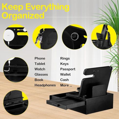 Nightstand Organizer for Men, Wood Phone Docking Station with Drawer, Bedside Organizer Wallet Watch Stand (Charger Not Included) for Dad Husband Him in Saudi Arabia