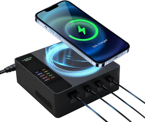 شاحن لاسلكي 200 واط - محطة شحن لاسلكية 5 في 1 - حامل شاحن لاسلكي سريع لأجهزة iPhone وAirPods - لجهاز MacBook Pro/Air، iPad، iPhone، Galaxy - شاشة LCD (MD200X 140W Max) in Saudi Arabia