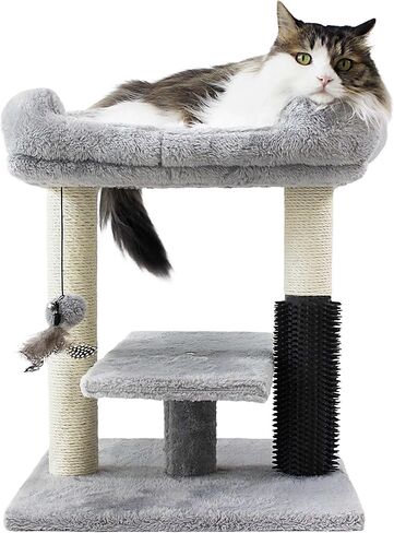 Cat Tree Tower with Feather Teasing Toy,Cat Scratching Post with Top Basket,Spacious Perches,Cat Self Groomer,Easy to Assemble in Kuwait
