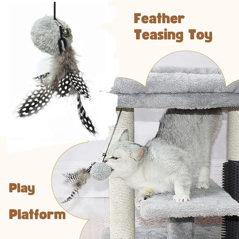 Cat Tree Tower with Feather Teasing Toy,Cat Scratching Post with Top Basket,Spacious Perches,Cat Self Groomer,Easy to Assemble in Kuwait